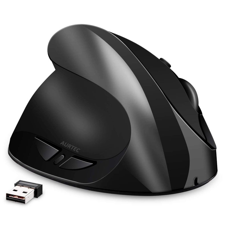 AURTEC Left-Handed Mouse, Rechargeable 2.4G Wireless Ergonomic Vertical Mice with USB Receiver, 6 Buttons and 3 Adjustable DPI 800/1200/1600 for Left Hand, ï¼ˆBlackï¼‰ - Image 1